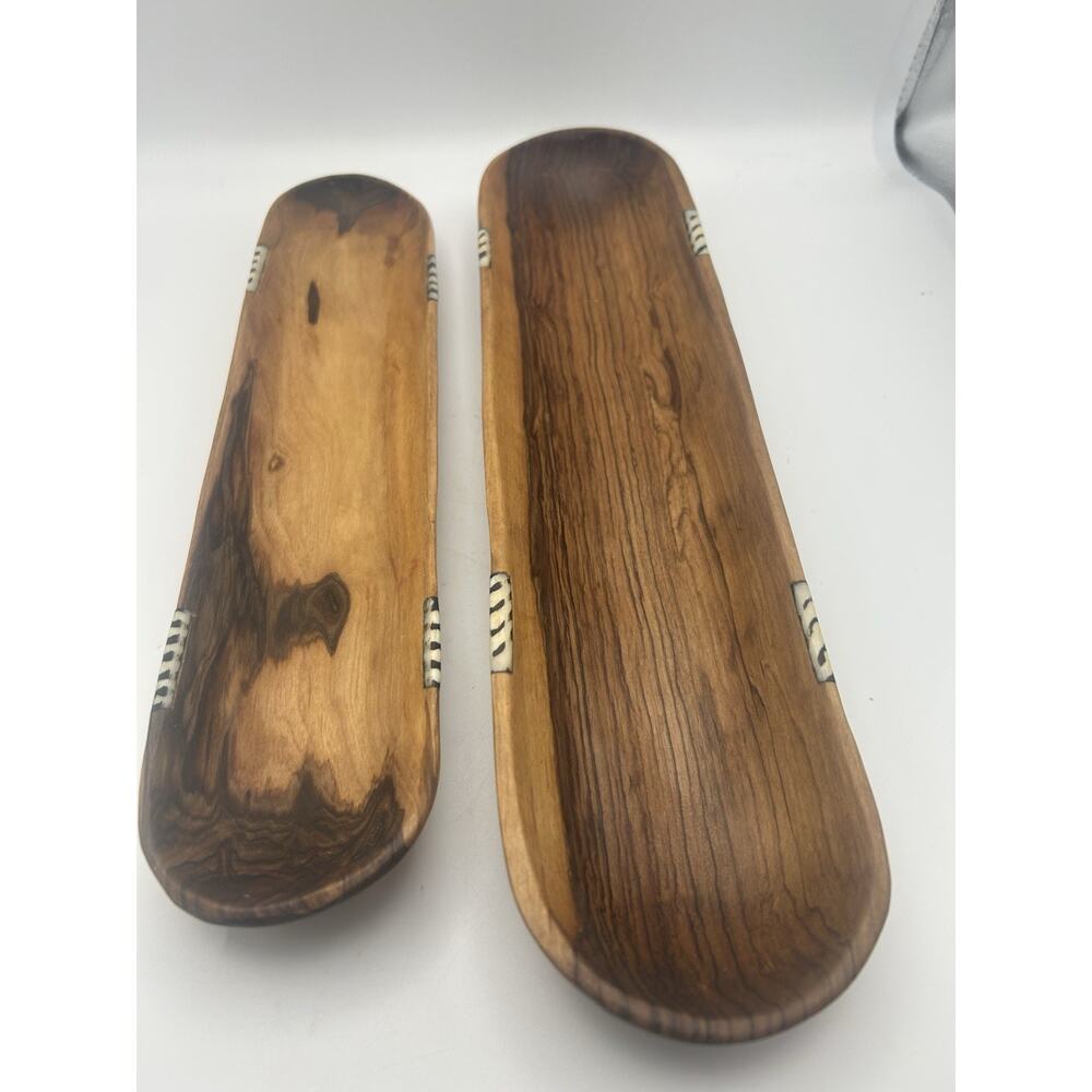 Hand Carved Olive Wood Baquette/Bread Bowl/Dish W/Batik Inlay 19.5"